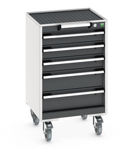 Bott Cubio 5 Drawer Mobile Cabinet with external dimensions of 525mm wide x 525mm deep  x 885mm high. Each drawer has a 50kg U.D.L. capacity with 100% extension and the unit also features drawer blocking and safety interlocks.... Bott Mobile Storage 525 x 525